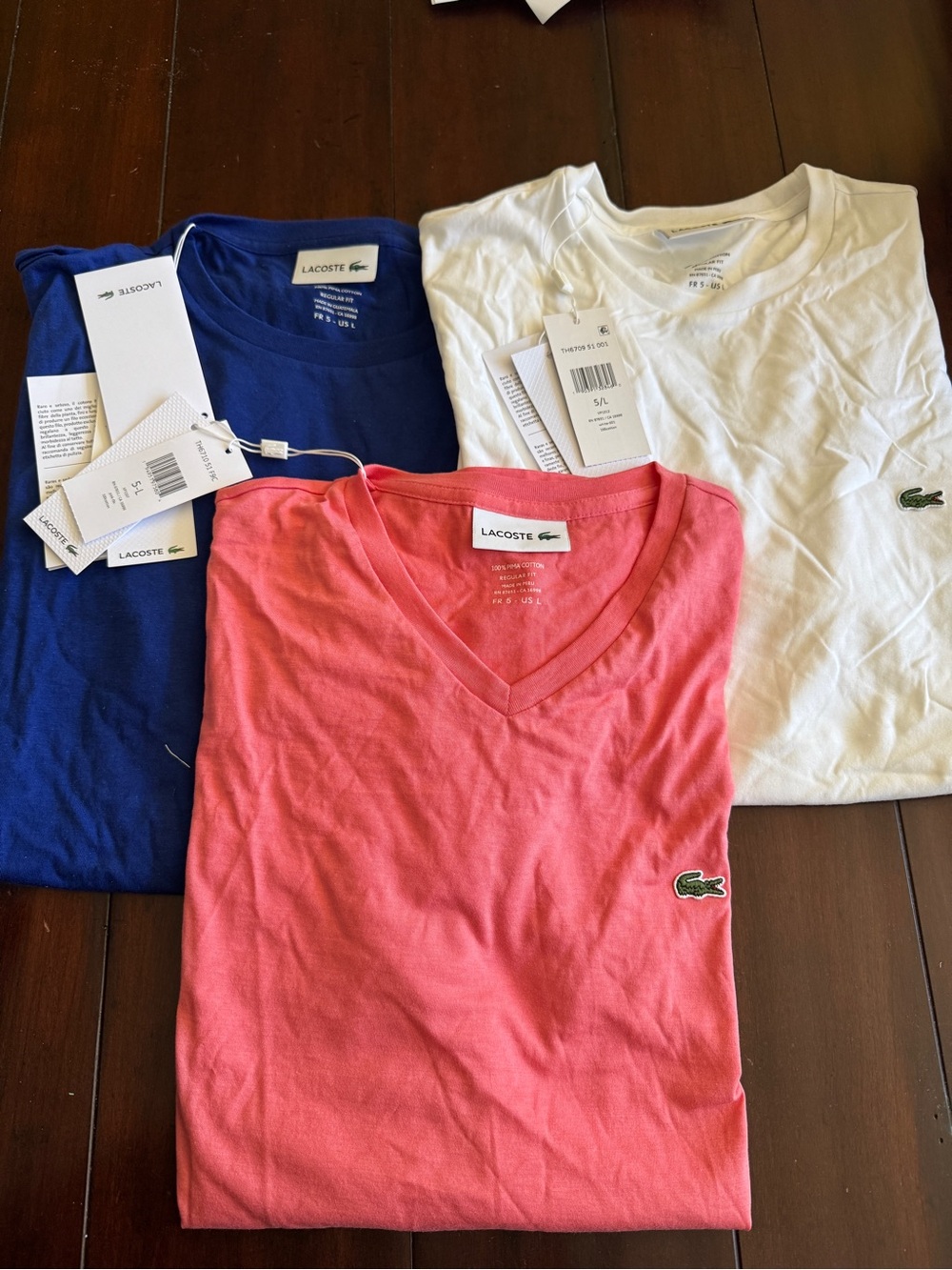 Lacoste Men’s Pima Cotton T-Shirts Lot of 3  Blue Crew White Crew Coral V-Neck